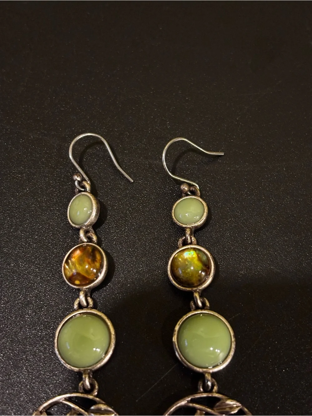 Green and Amber Drop Earrings with Leaf Medallion